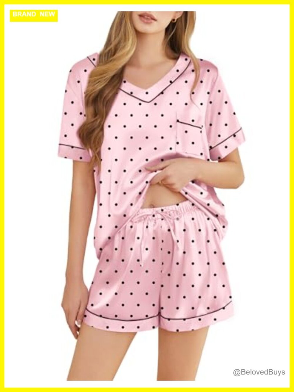 Satin Two Piece Pajama Set Short Sleeve V Neck Sleepwear Loungewear
